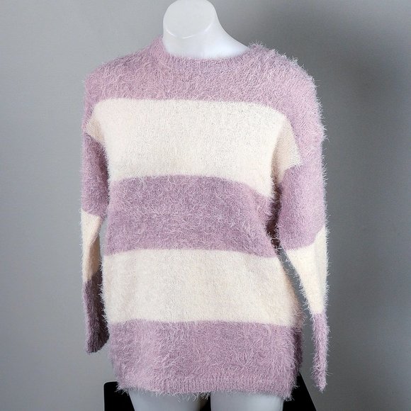 NWT Evelyn Taylor | Lilac & White Stripe Feather Yarn Sweater - M - Picture 3 of 7